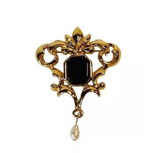 Victorian Nouveau Scroll Black Onyx Freshwater Pearl Dangle Vtg Avon Brooch Pin